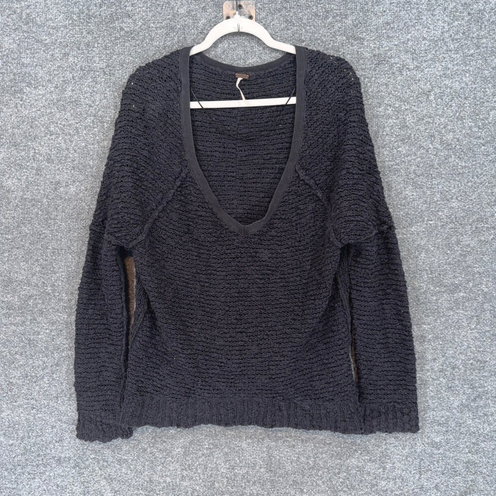 Free People Sweater Women XS Black Deep Vneck Textured Knit Pullover Boho